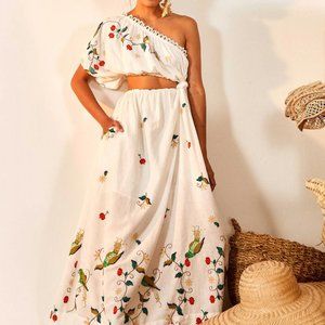 Farm Rio White Pitanga Embroidered One-Shoulder Maxi Dress